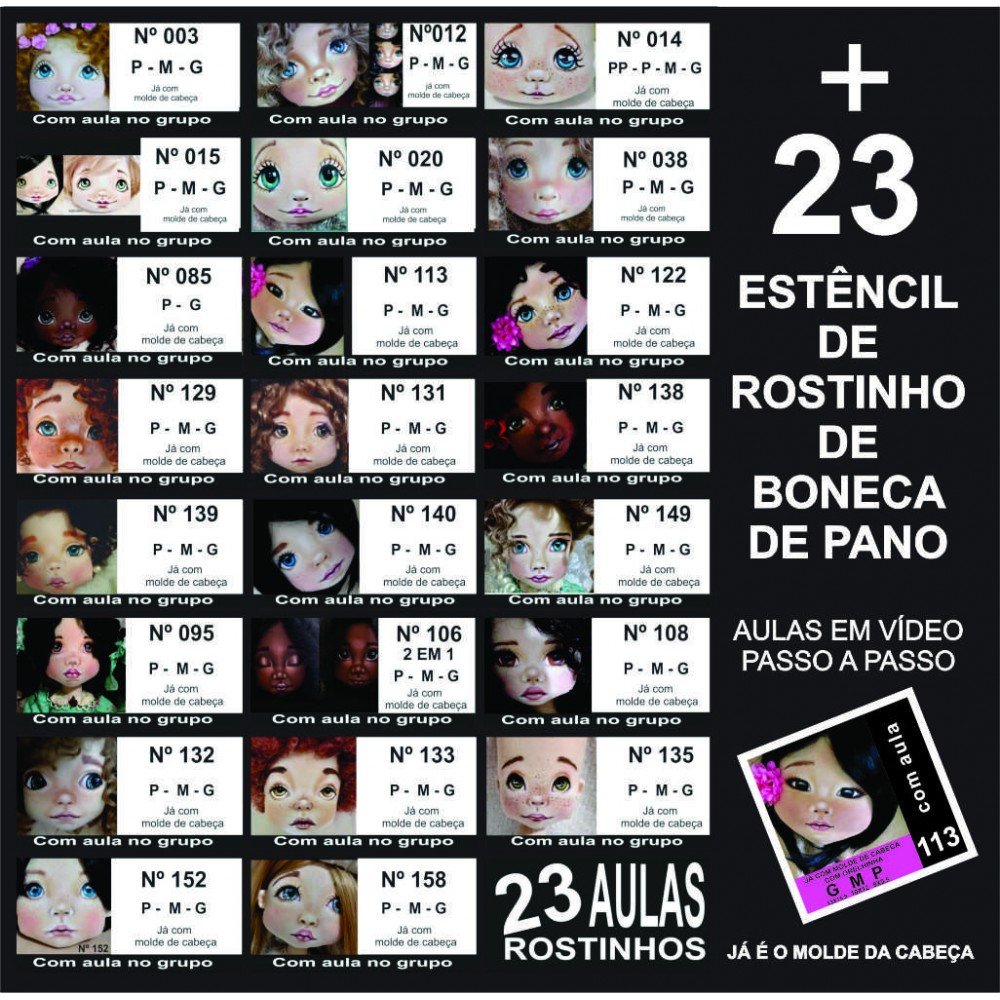 Kit Estêncil Para Rostinho de Boneca de Pano com 23 ESTÊNCIL + 35 Aulas Online DO CURSO INICIANTE
